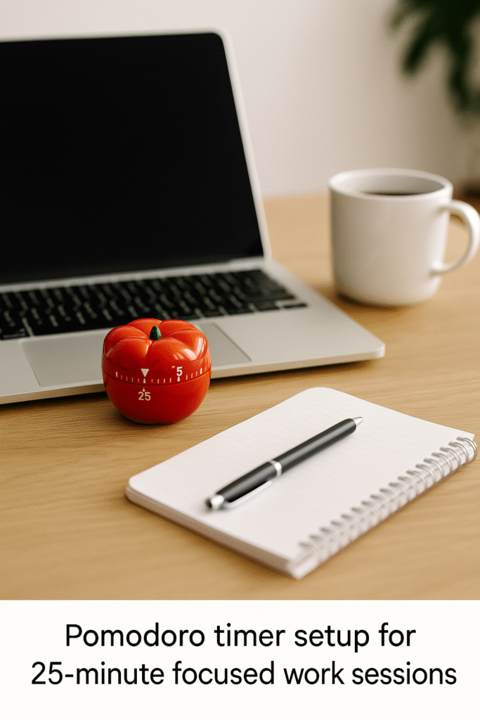 Pomodoro timer setup for 25-minute focused work sessions.