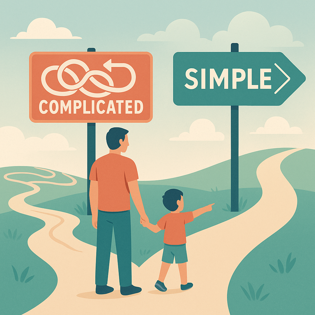 Parent and child choosing simple path over complicated one