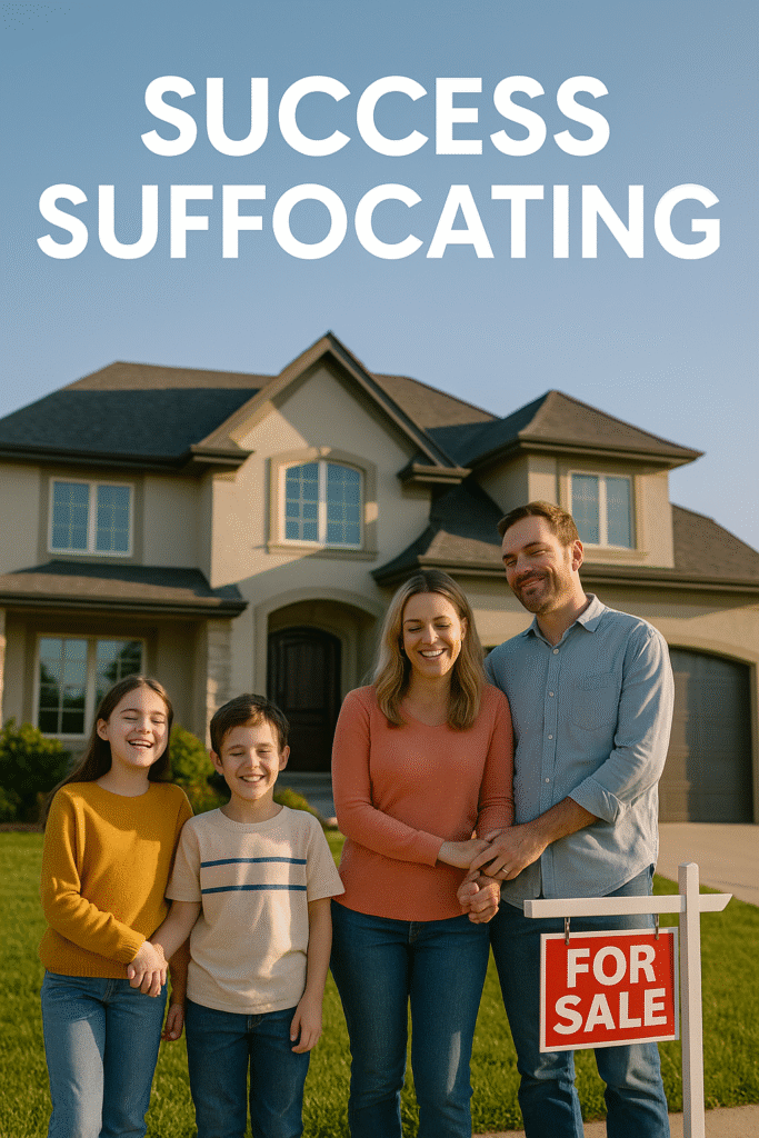 intentional living. Luxury home with "For Sale" sign, family looking relieved