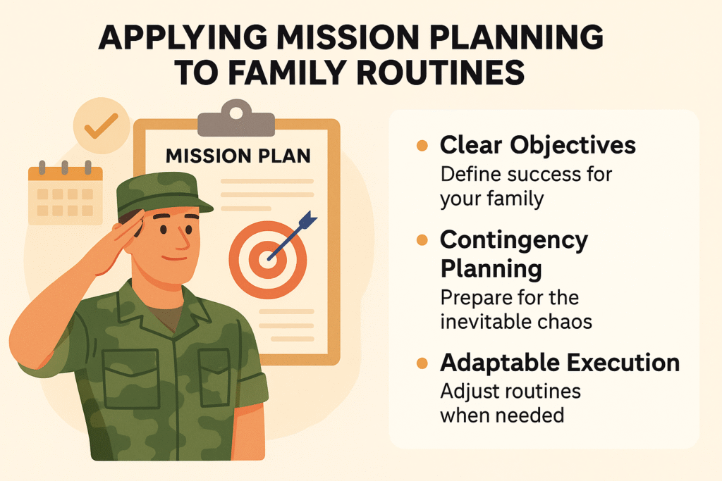 The key difference is understanding that your family isn't a military unit (thank goodness), but you can still use structured thinking to create healthy family routines that actually stick.