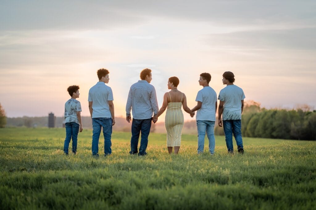 family, sunset, nature