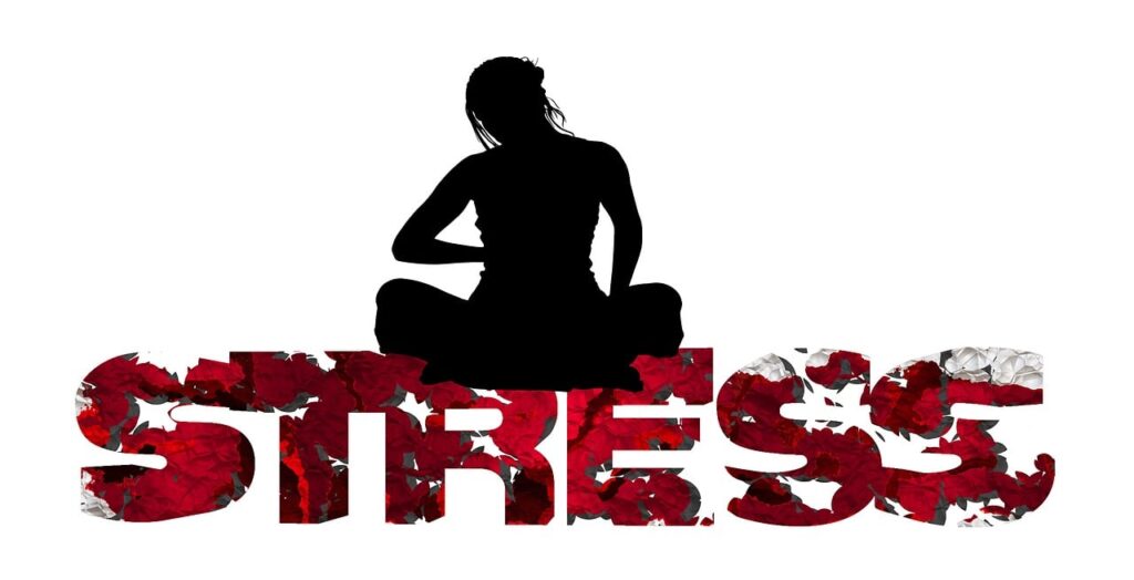 stress, word, letters, cancellation, cracks, coping with stress, woman, silhouette, meditation, relaxation, lotus position, stress, stress, stress, stress, stress