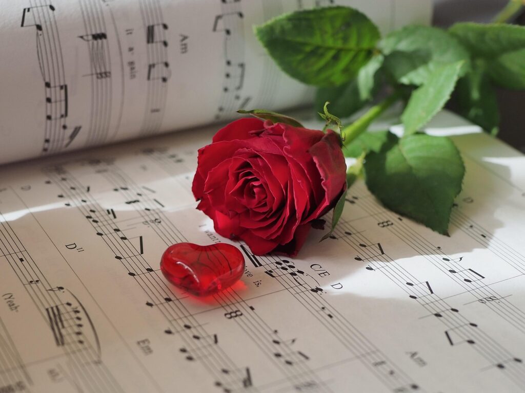 sheet music, rose, heart, love, romance, valentine's day, red flower, romance, romance, rose flower, romance, romance, romance