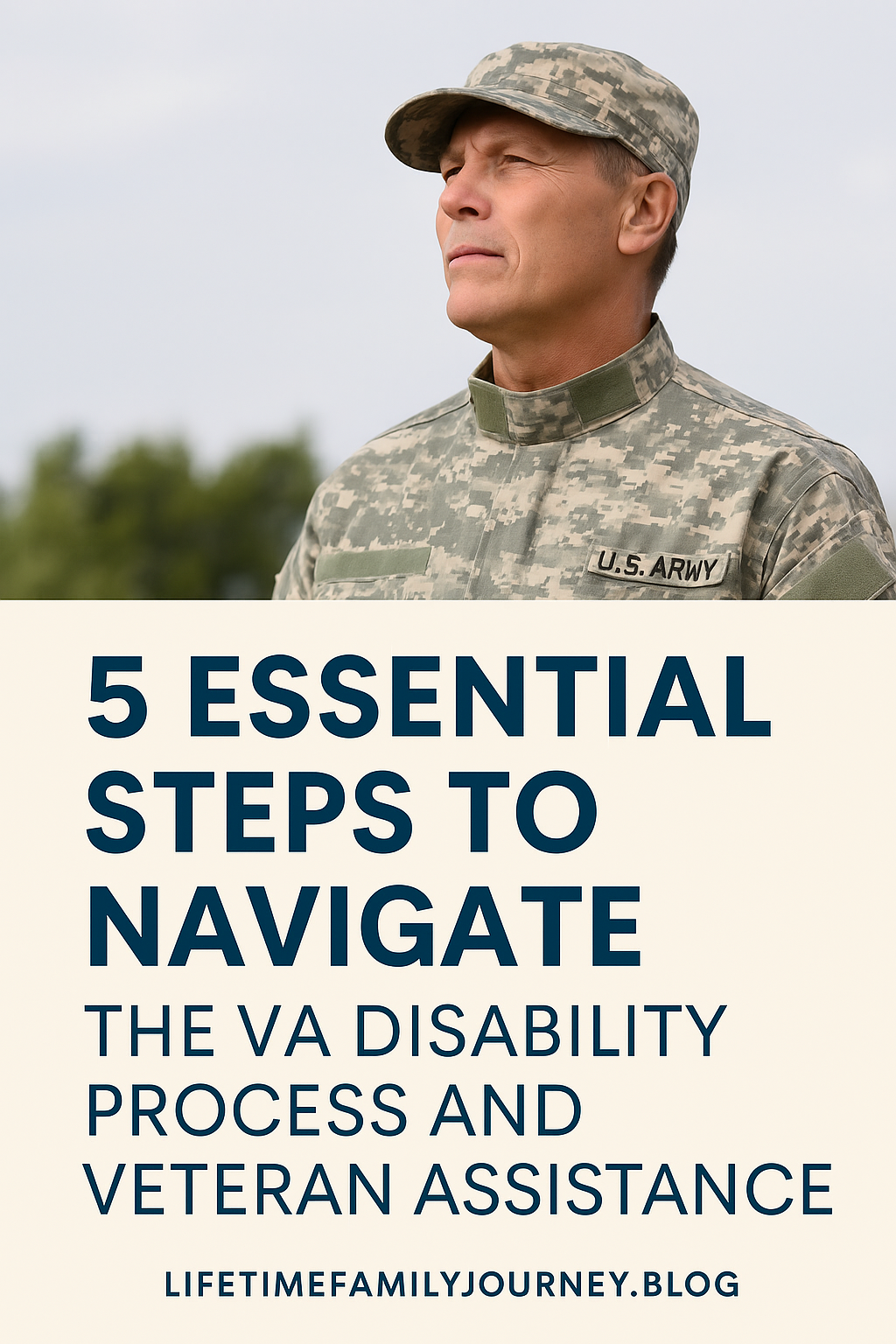 Pinterest graphic highlighting 5 essential steps for navigating the VA disability process and finding veteran assistance programs.