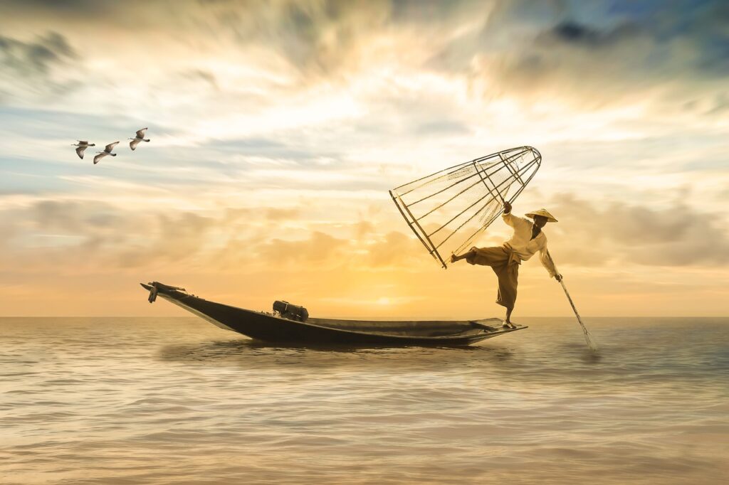 fisherman, fishing boat, nature wallpaper, boat, fishing, sea, water, lake, fishing net, sky, beautiful nature, sunset, clouds, mood, abendstimmung, evening sky, silent, atmospheric, nature background, photomontage, composing, balance, asia, china, hd wallpaper, zen, rest, nature, cool wallpaper, family fishing adventures