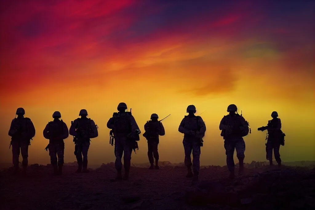 veteran, military, soldier, sunset, colorful, vibrant, silhouette, sky, veterans day, honor, victory, nature, people, salute, platoon