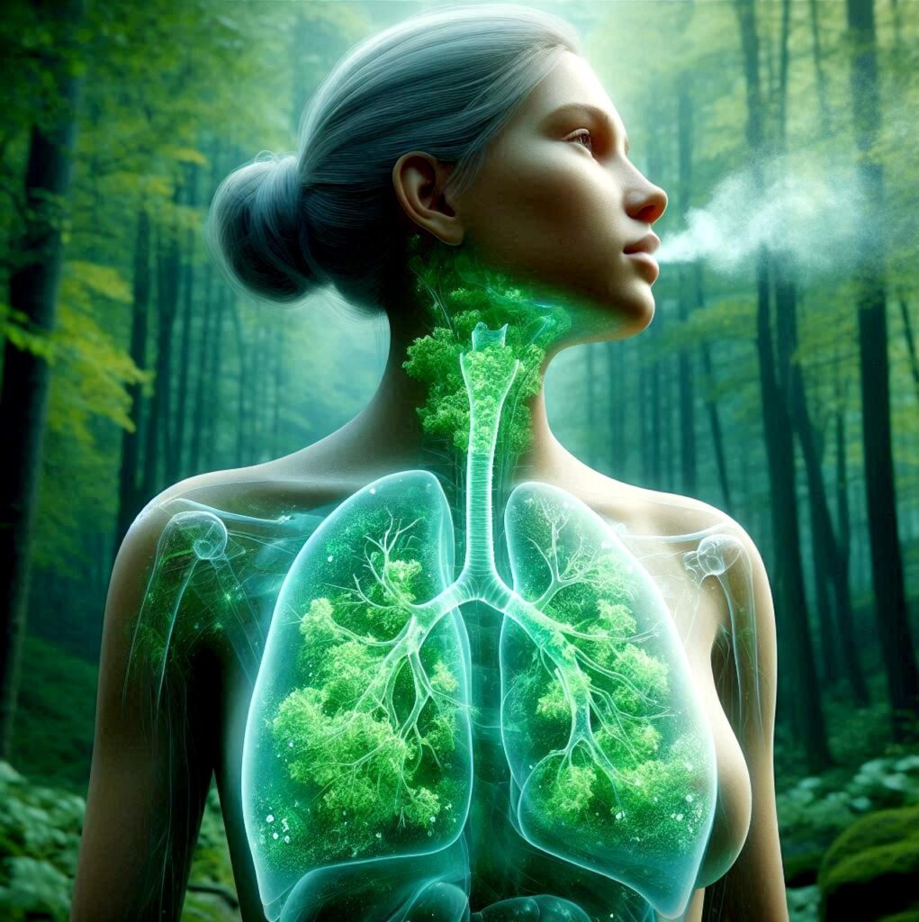 ai generated, woman, lungs, oxygen, breathing, breathing exercises, respiratory tract, air, green, mindfulness, relaxation, forest, healthy, fresh, sports, running, fitness, nature-based wellness strategies