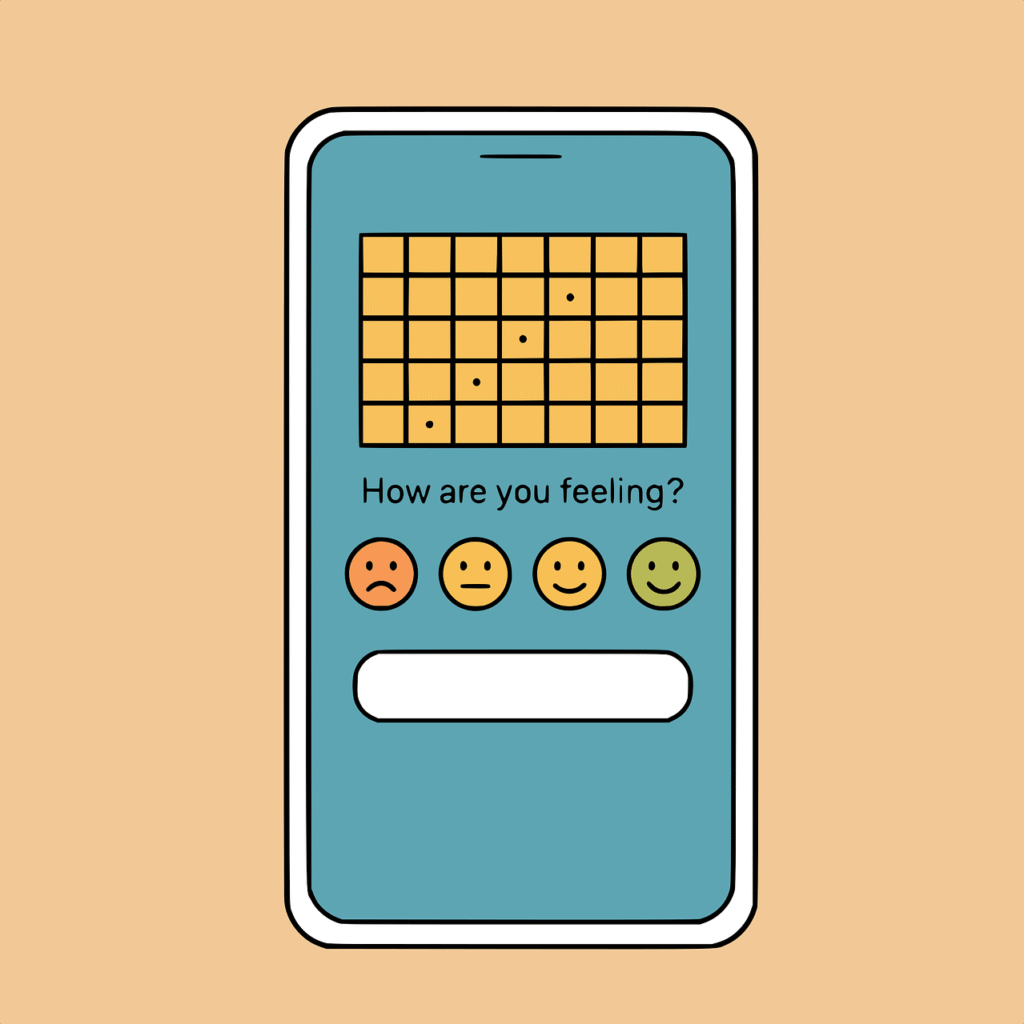 mobile phone, app, mood tracker, feelings, emotions, mental health, wellness, survey, questionnaire, technology, digital, interface, emoji, data, progress, tracking, cartoon, sad, happy, scale, rating