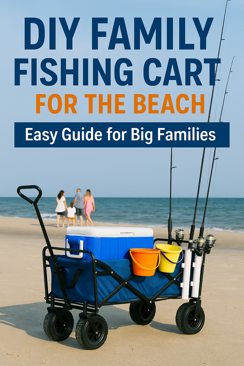 DIY fishing cart—7 brilliant tips to end fishing trip chaos for big families. Fishing cart loaded with gear on the beach.