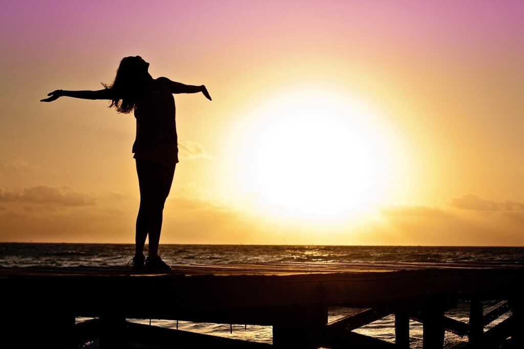 woman, girl, freedom, happy, sun, silhouette, sunrise, beach, nature, sunset, dusk, dawn, twilight, mindfulness