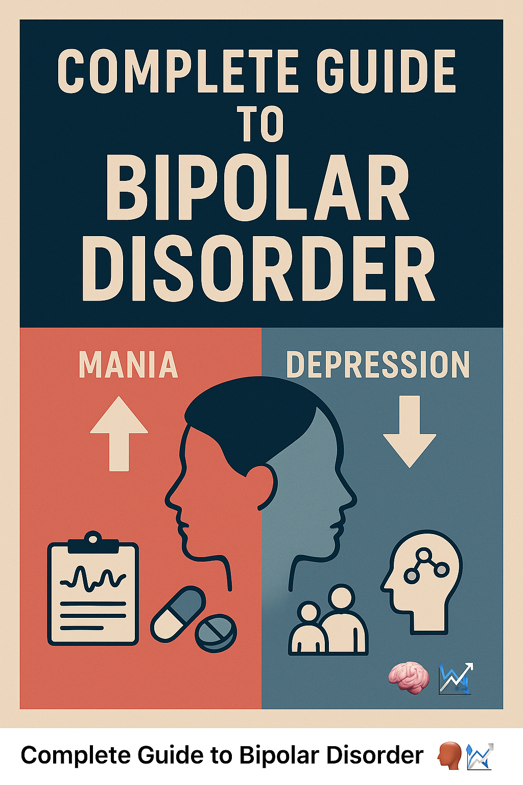 Infographic split into mania and depression zones showing bipolar disorder symptoms, treatment, and support strategies.
