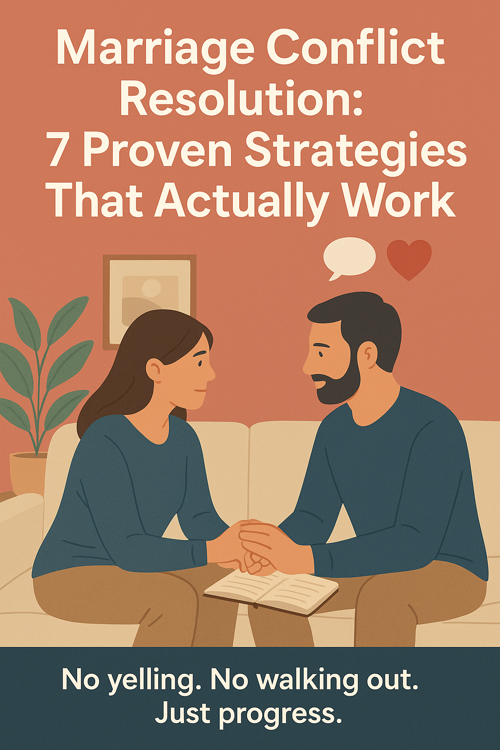 Illustration of married couple calmly resolving conflict through conversation and connectionβ7 conflict resolution strategies that save marriages.