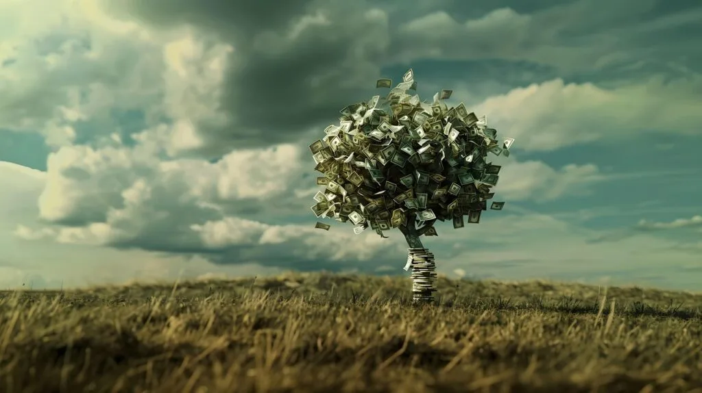 ai generated, money tree, fantasy, background, wallpaper, landscape, money, finance, cash, nature, wealth, tree