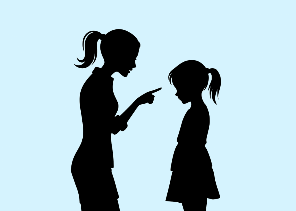 parenting, discipline, silhouette, guidance, teaching, adult, child, parent, scolding, reprimand, pointing, sad, upset, family, mother, daughter, light blue, conflict, negative emotion. Discipline Ideas for Parents: 10 Easy Ways That Work