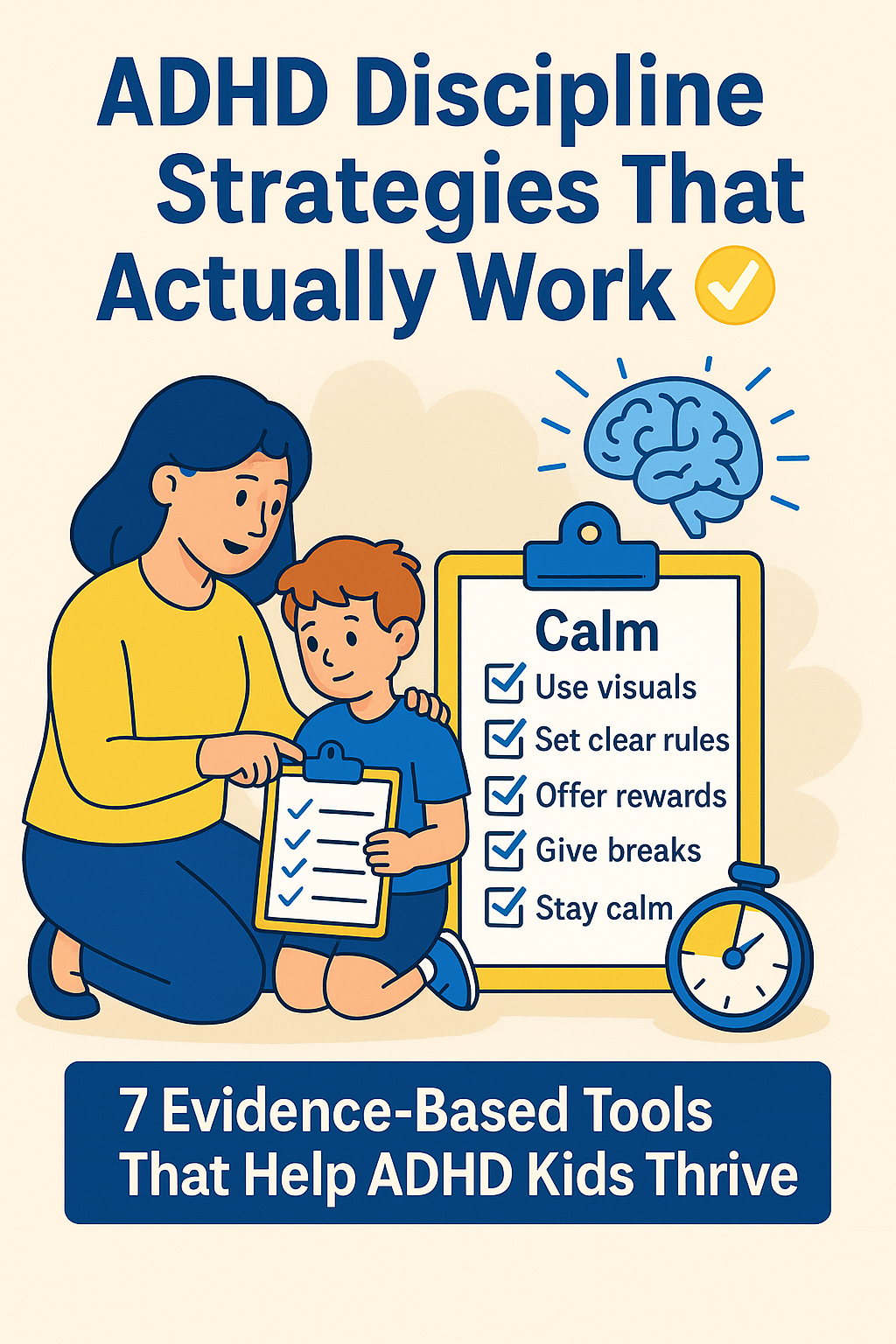Illustration of parent guiding ADHD child through checklist and calm strategies—7 proven ADHD discipline techniques that transform behavior and support emotional regulation.