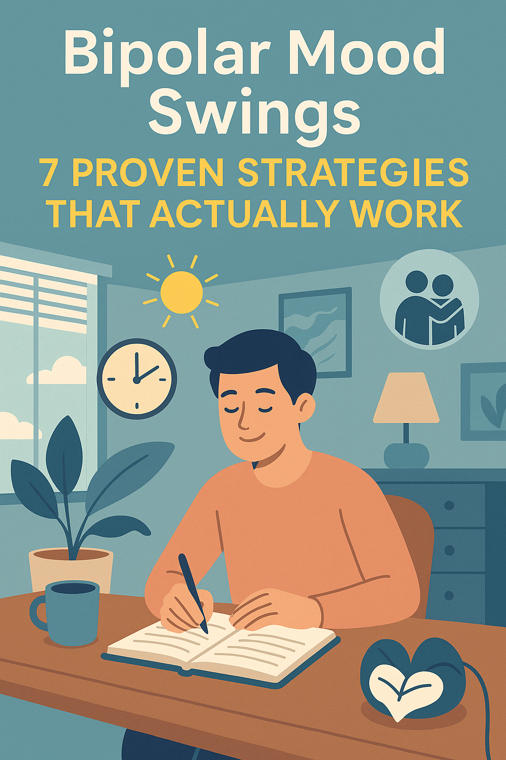 Calm illustration of man journaling to manage bipolar mood swings with visual cues for routine, support, and daily structure. Strategies for stability and emotional regulation.