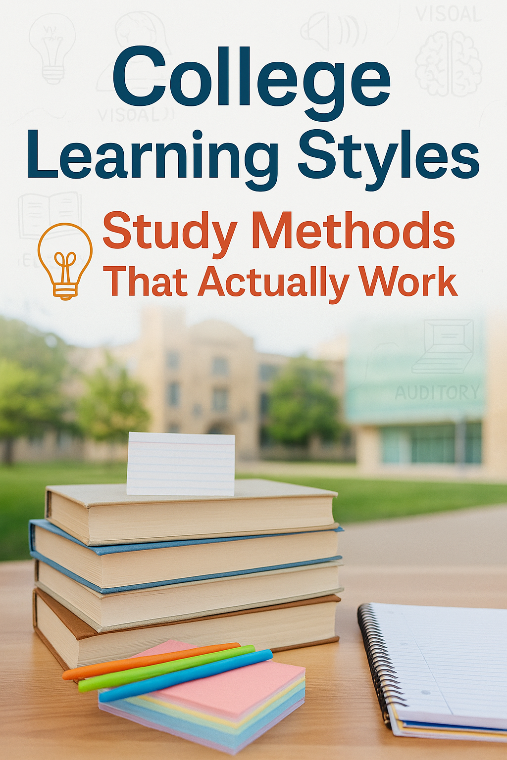 Pin image shows a stack of books, colorful notecards, and a lightbulb. Text overlay reads: College Learning Styles: Study Methods That Actually Work.