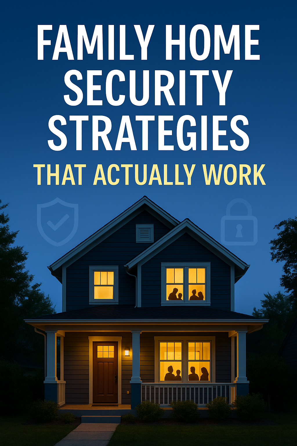 Pin image shows a safe, well-lit family home at dusk with shield and lock icons. Title reads: Family Home Security: 15 Essential Strategies That Actually Protect Your Kids.