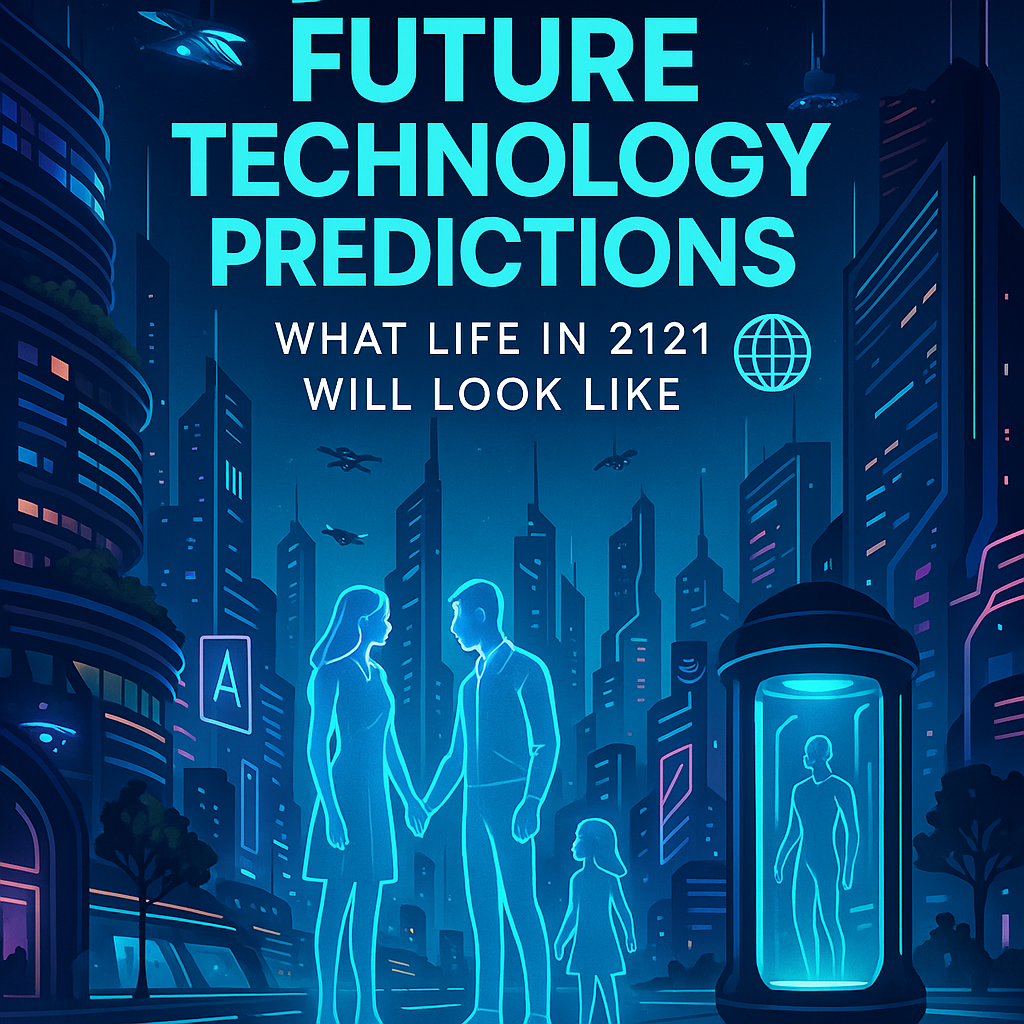 Futuristic smart city with glowing skyline, teleportation pods, and holographic family — visualizing life in 2121 with future technology predictions.
