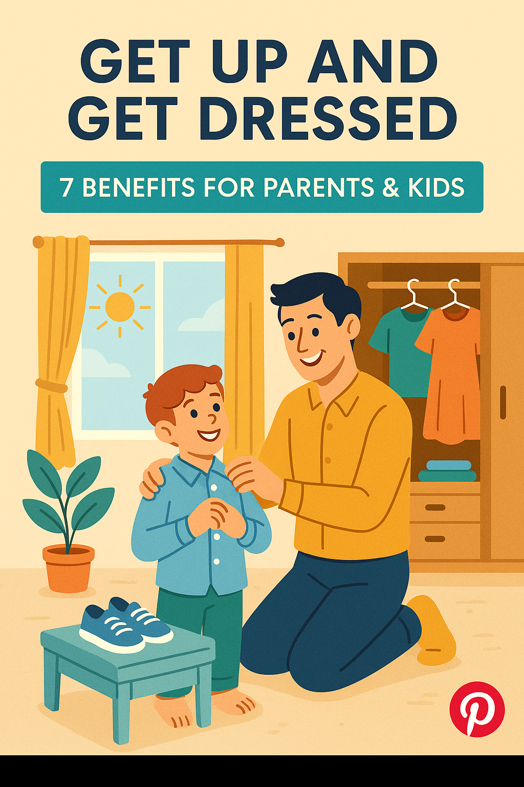 Pinterest image shows a parent and child getting dressed in a sunlit bedroom, with the text: Get Up and Get Dressed: 7 Amazing Daily Benefits.