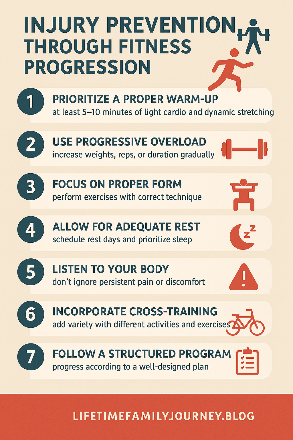 Infographic listing 7 key strategies for injury prevention through fitness progression, including warm-up, progressive overload, form, rest, and structured programming.