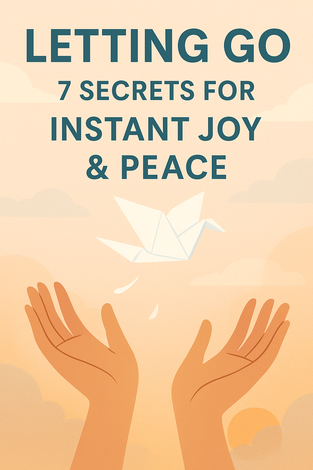 Pin image shows open hands releasing a paper crane into a bright sky with clouds. Title reads: Letting Go: 7 Life-Changing Secrets to Instant Joy & Peace.