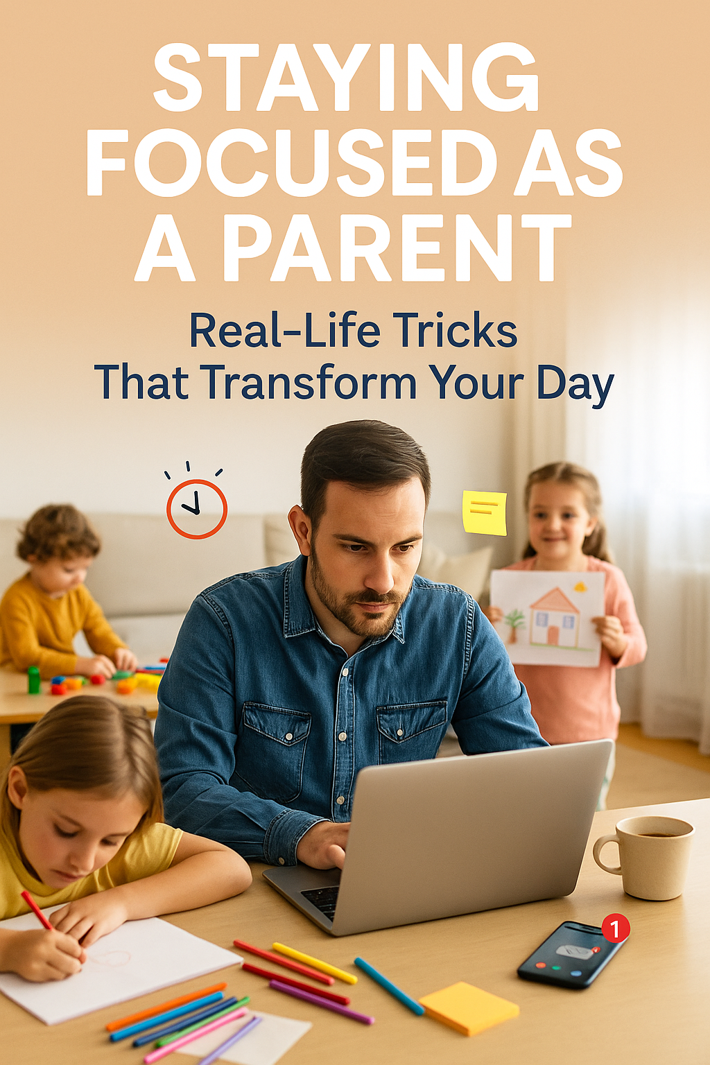 Staying Focused as a Parent: Real-Life Tricks That Transform Your Day – father working at home with kids creating distractions