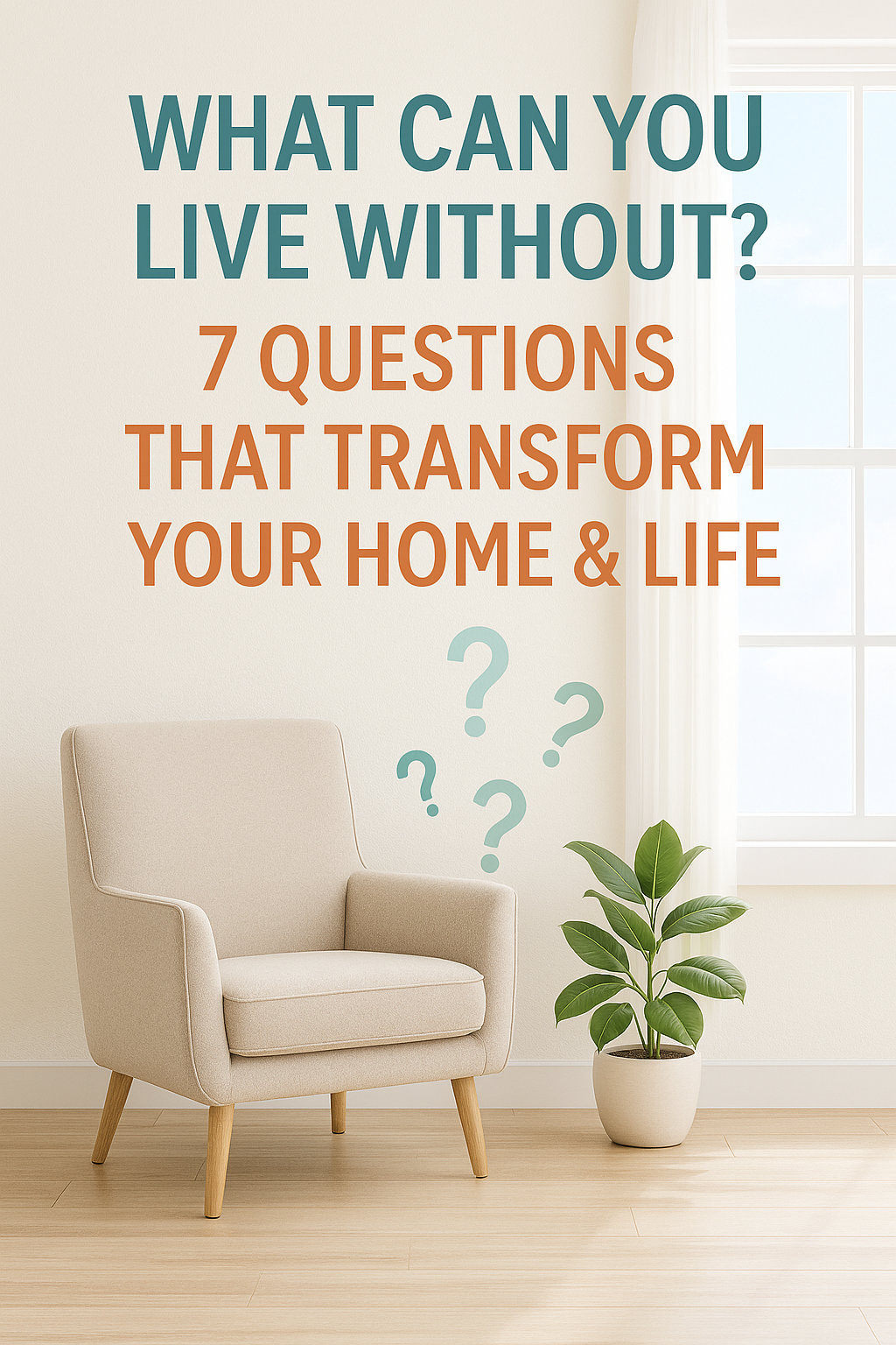 Pin image shows a minimalist room with an armchair, plant, and open window with floating question marks. Title reads: What Can You Live Without? 7 Powerful Life Questions.