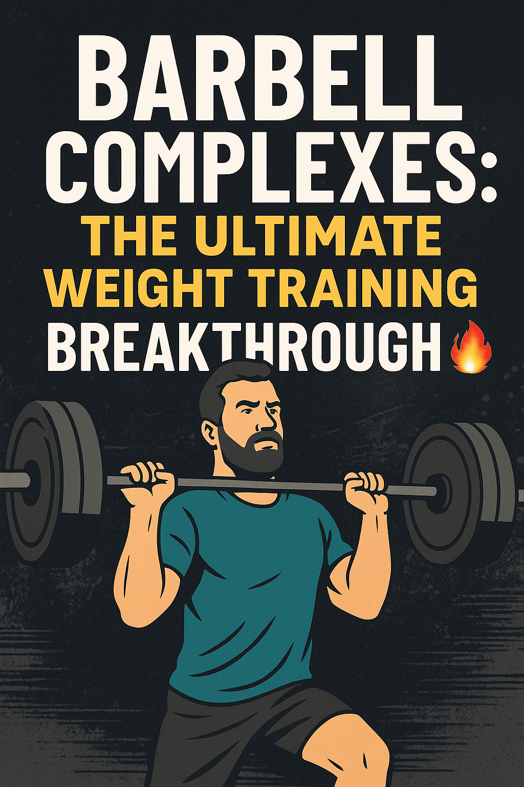 Strong dad performing barbell complexes with bold title overlay and gritty gym background—highlighting time-saving muscle-building benefits of barbell training.