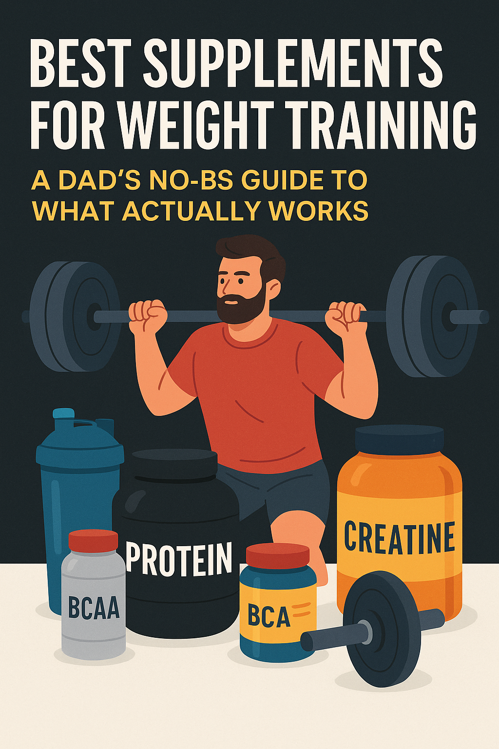 Illustration of a muscular dad lifting a barbell surrounded by supplement containers labeled protein, creatine, and BCAA—representing practical and effective weight training support