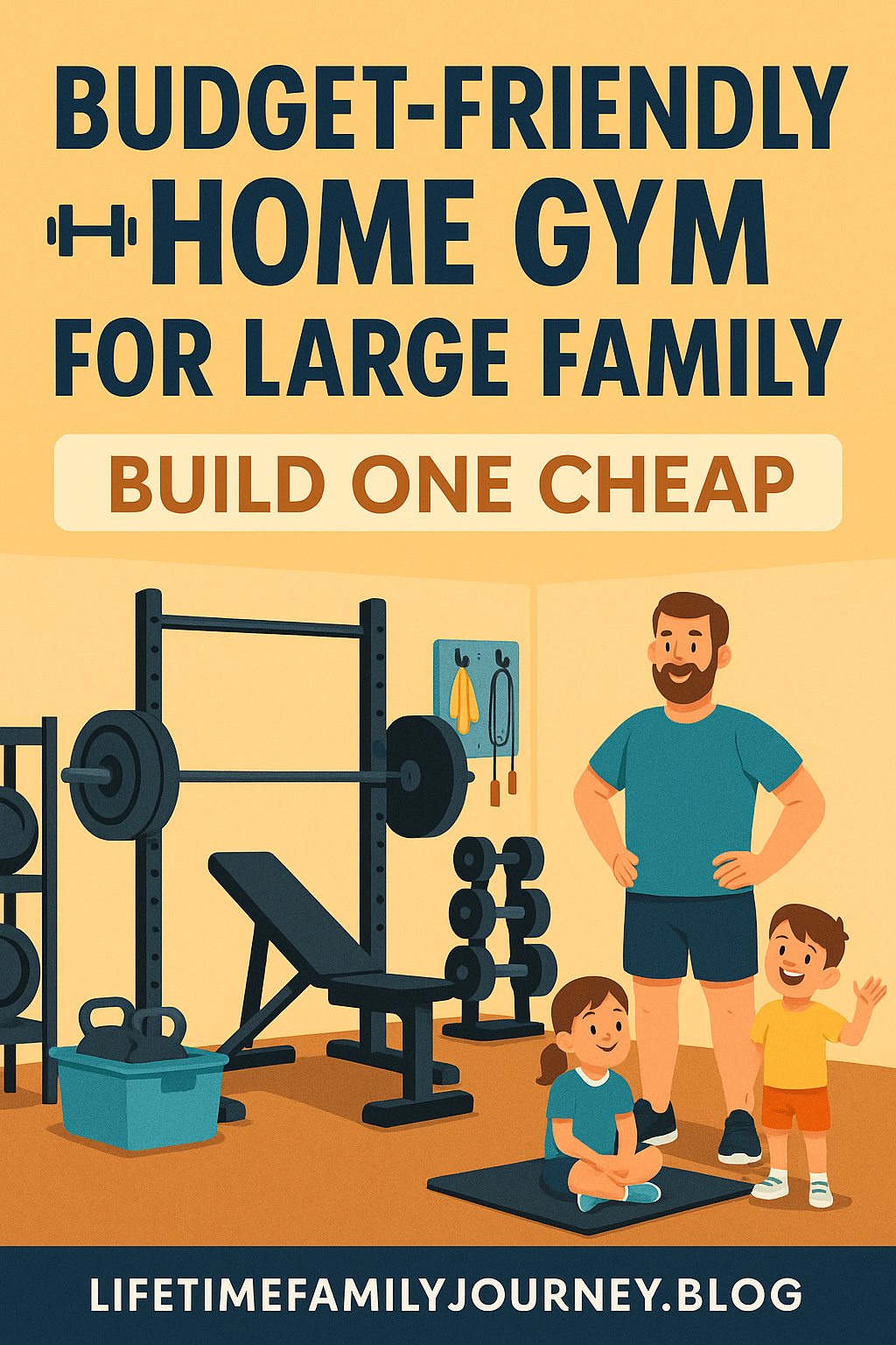 Illustration of a family-friendly home gym setup with dad and kids, basic equipment, and smart storage—designed for building a home gym on a budget.