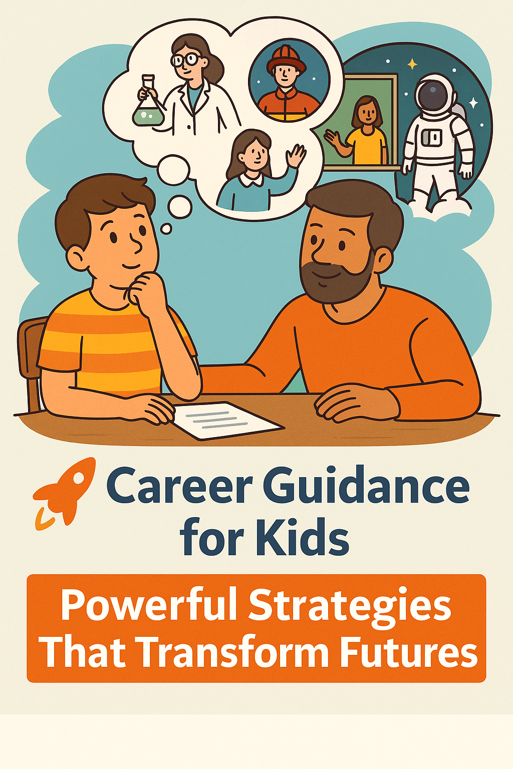 Illustrated scene of a child dreaming about future careers—scientist, firefighter, teacher, and astronaut—while a supportive parent guides from the side