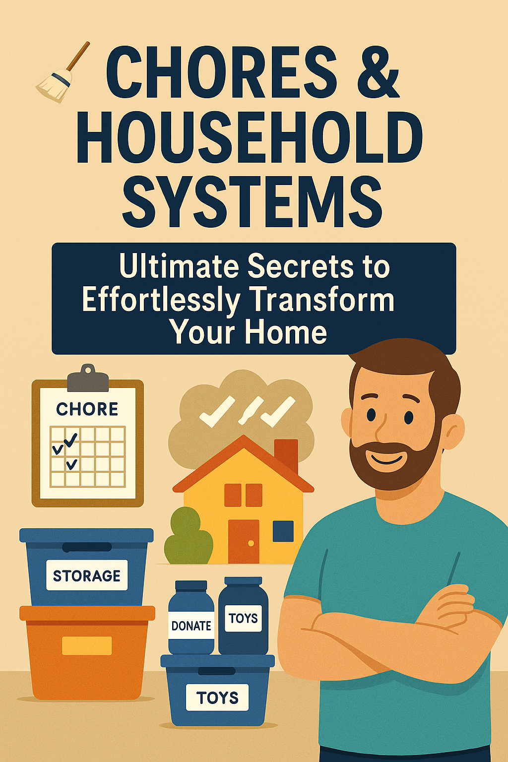 Illustration of chore chart, labeled storage bins, and a confident parent in front of a tidy home—representing easy, effective household systems that work for families