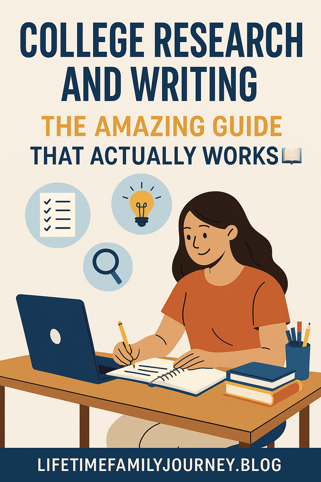 Illustration of a female college student working at her desk with a laptop and notebook, surrounded by icons representing research, ideas, and checklists—symbolizing academic writing success