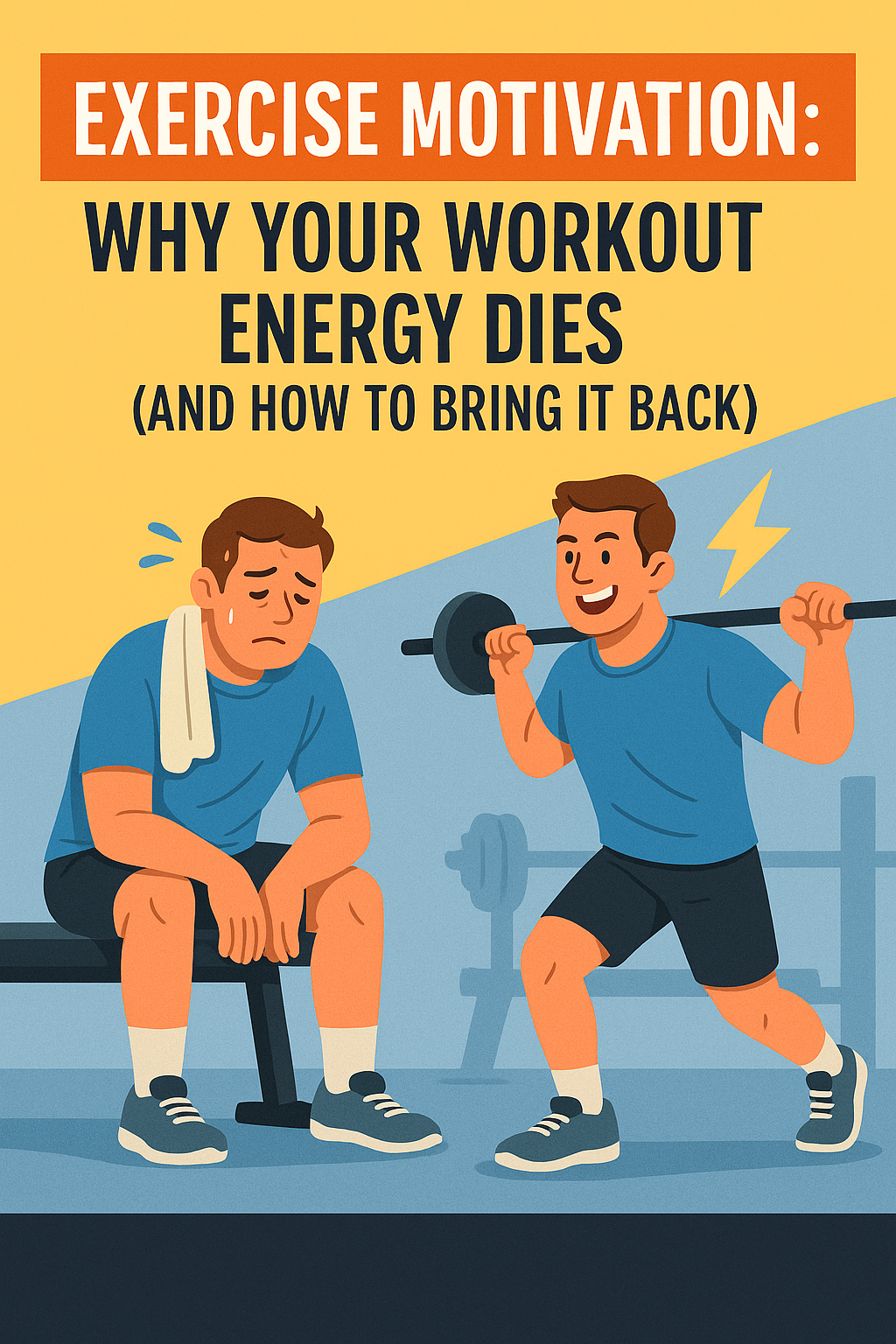 Tired man sitting on a bench with towel beside an energized version of himself lifting weights—illustrating the contrast in workout motivation and energy