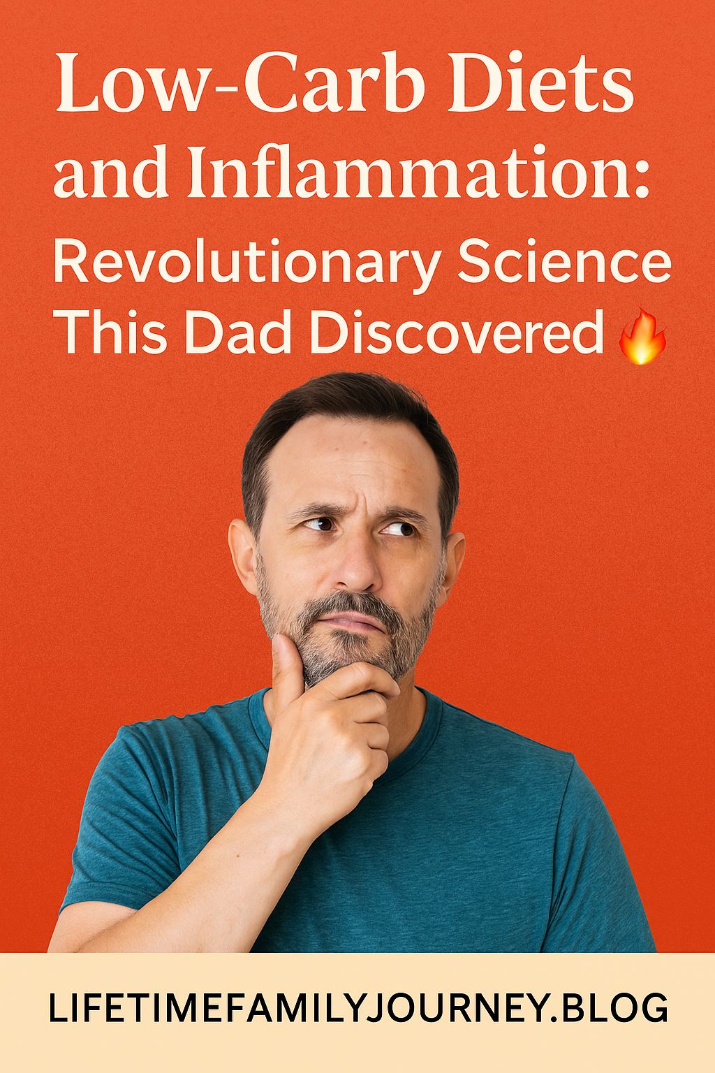 Middle-aged dad in teal shirt thinking seriously, with bold title about low-carb diets and inflammation on an orange background—highlighting science-backed pain relief.