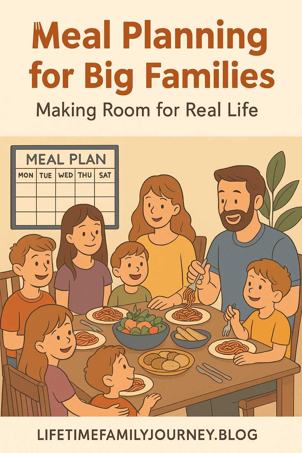 Illustration of a large family sitting around the dinner table with a weekly meal plan chart in the background—showcasing real-life meal planning for big families.