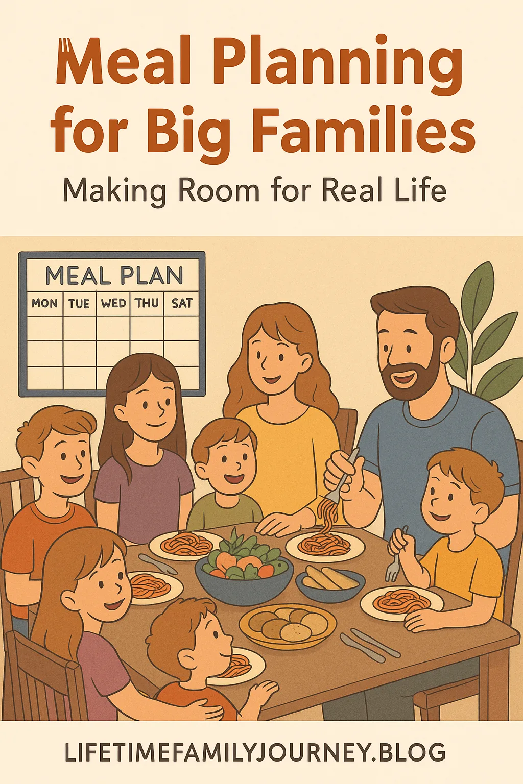 Illustration of a large family sitting around the dinner table with a weekly meal plan chart in the backgroundâshowcasing real-life meal planning for big families.