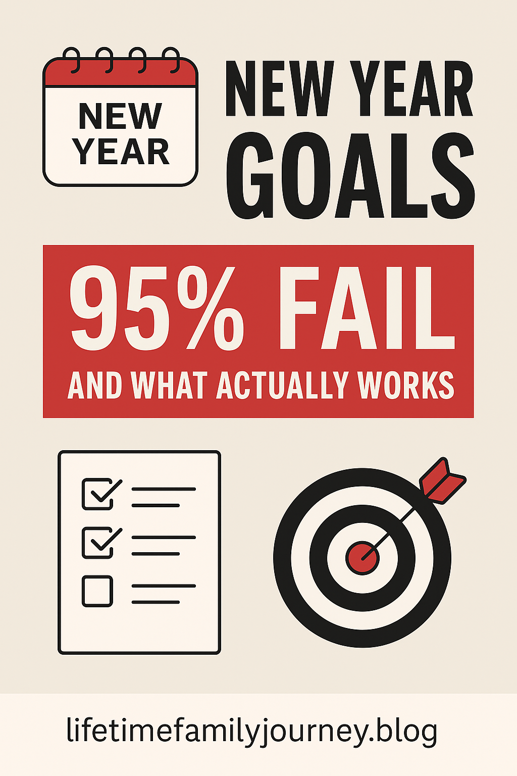 Minimalist New Year graphic showing calendar, checklist, and goal tracking elements, symbolizing practical and achievable resolution planning