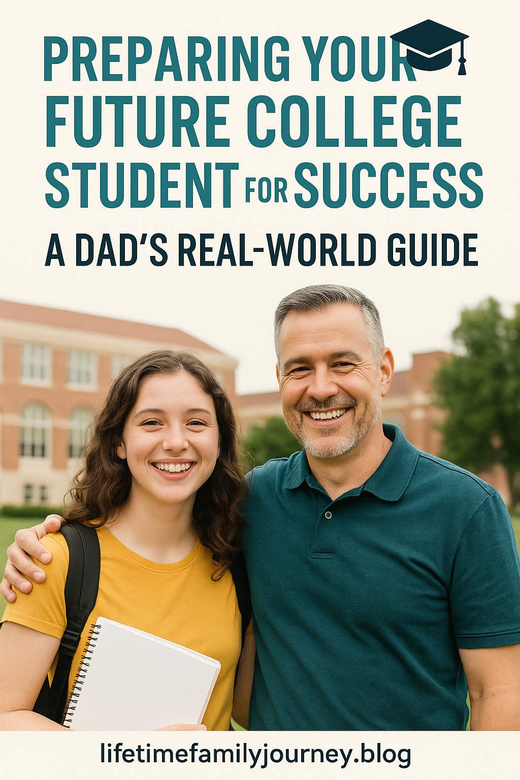 Father and daughter smiling in front of a college campus, symbolizing confidence and success in preparing for college