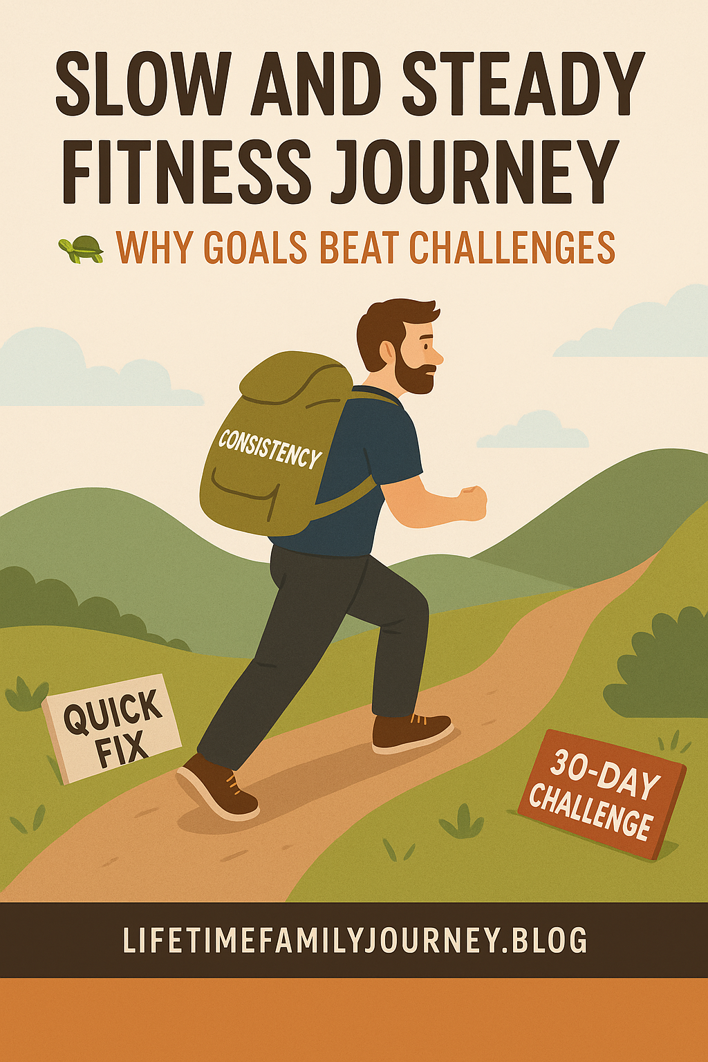 Illustration of a dad walking uphill with a backpack labeled consistency, passing discarded quick fix signs—representing a realistic and steady approach to fitness goals