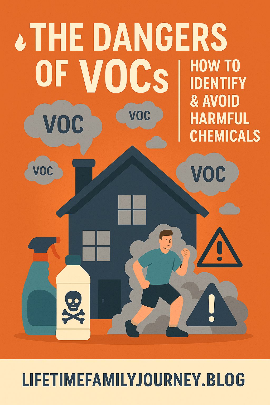 Illustration of a house surrounded by chemical clouds labeled VOCs, dangerous cleaning products, and warning signsโvisualizing hidden air quality risks and how to protect your home.
