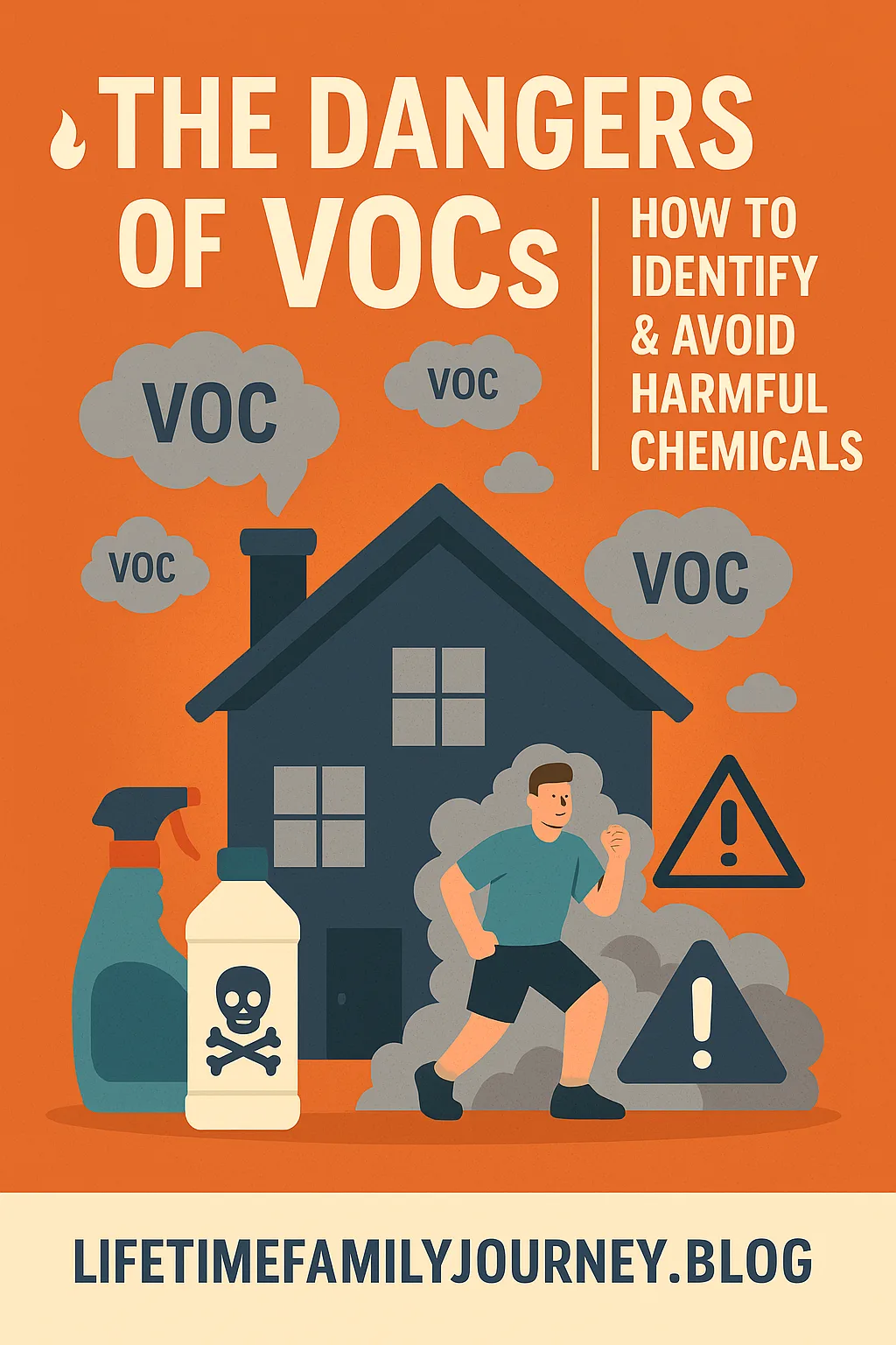 Illustration of a house surrounded by chemical clouds labeled VOCs, dangerous cleaning products, and warning signsโvisualizing hidden air quality risks and how to protect your home.