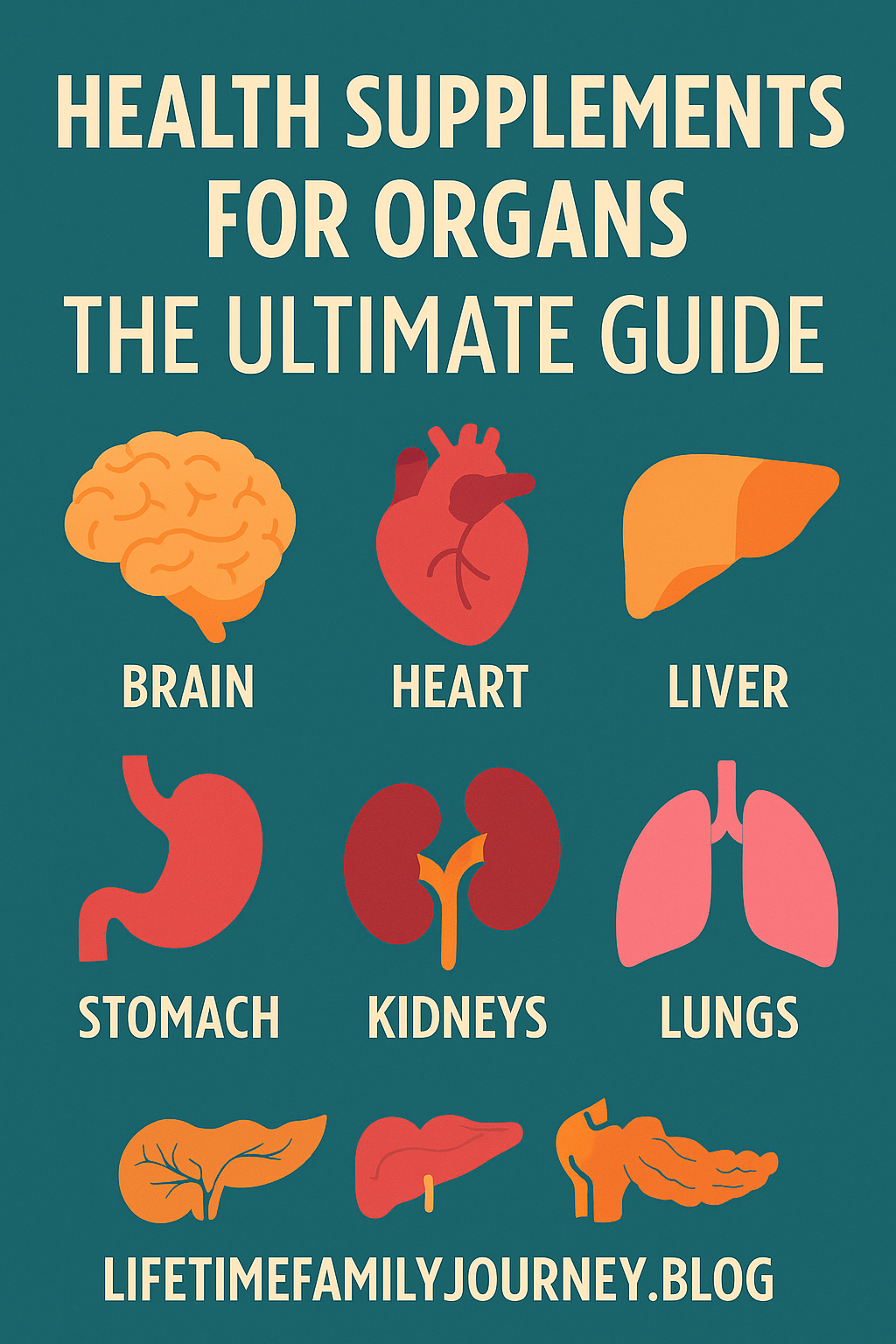 Infographic showing top health supplements for brain, heart, liver, kidneys, gut, and immune system in a complete wellness guide.