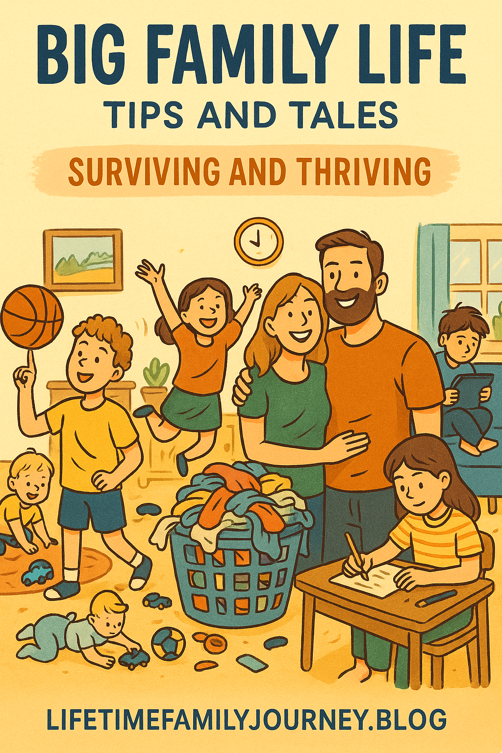 Illustration of a large, joyful family in a lively home, with kids playing and parents coordinating through the chaos—capturing the heart of big family life