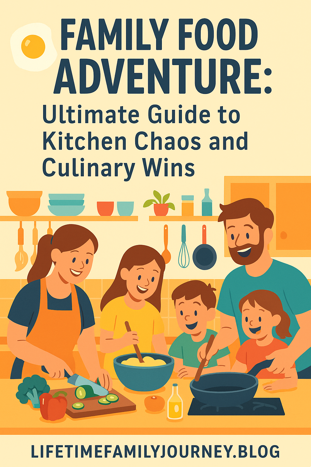 Colorful digital illustration of a big family cooking together in a lively kitchen, capturing the chaos and joy of shared culinary adventures