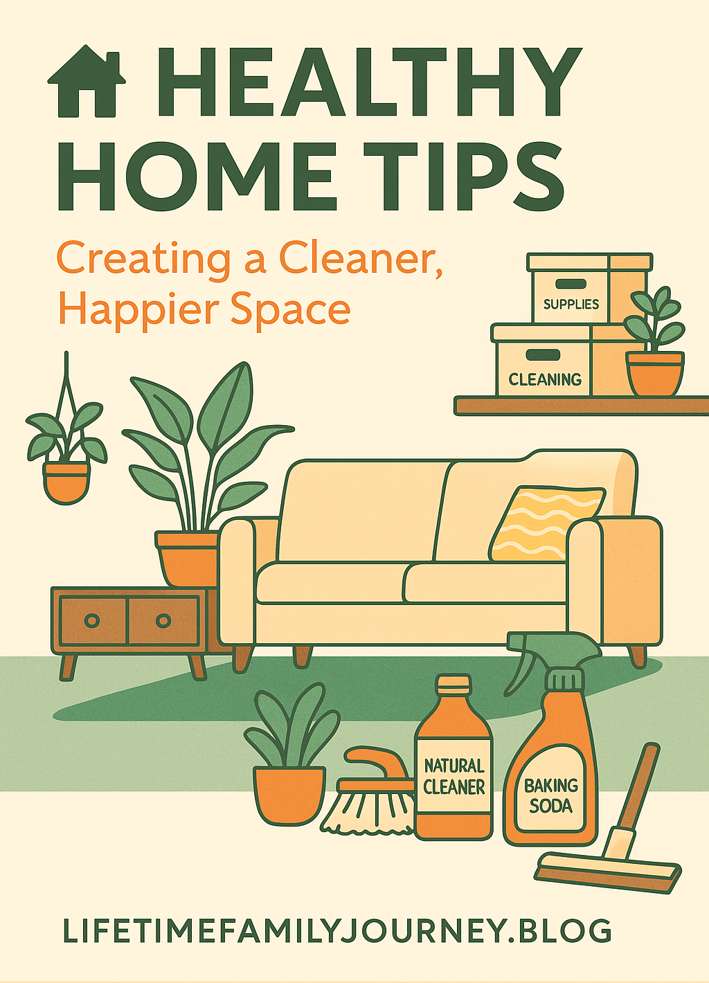 Illustration of a cheerful, well-organized home with natural cleaning tools, houseplants, and bright sunlight—representing a healthy and happy living space for families