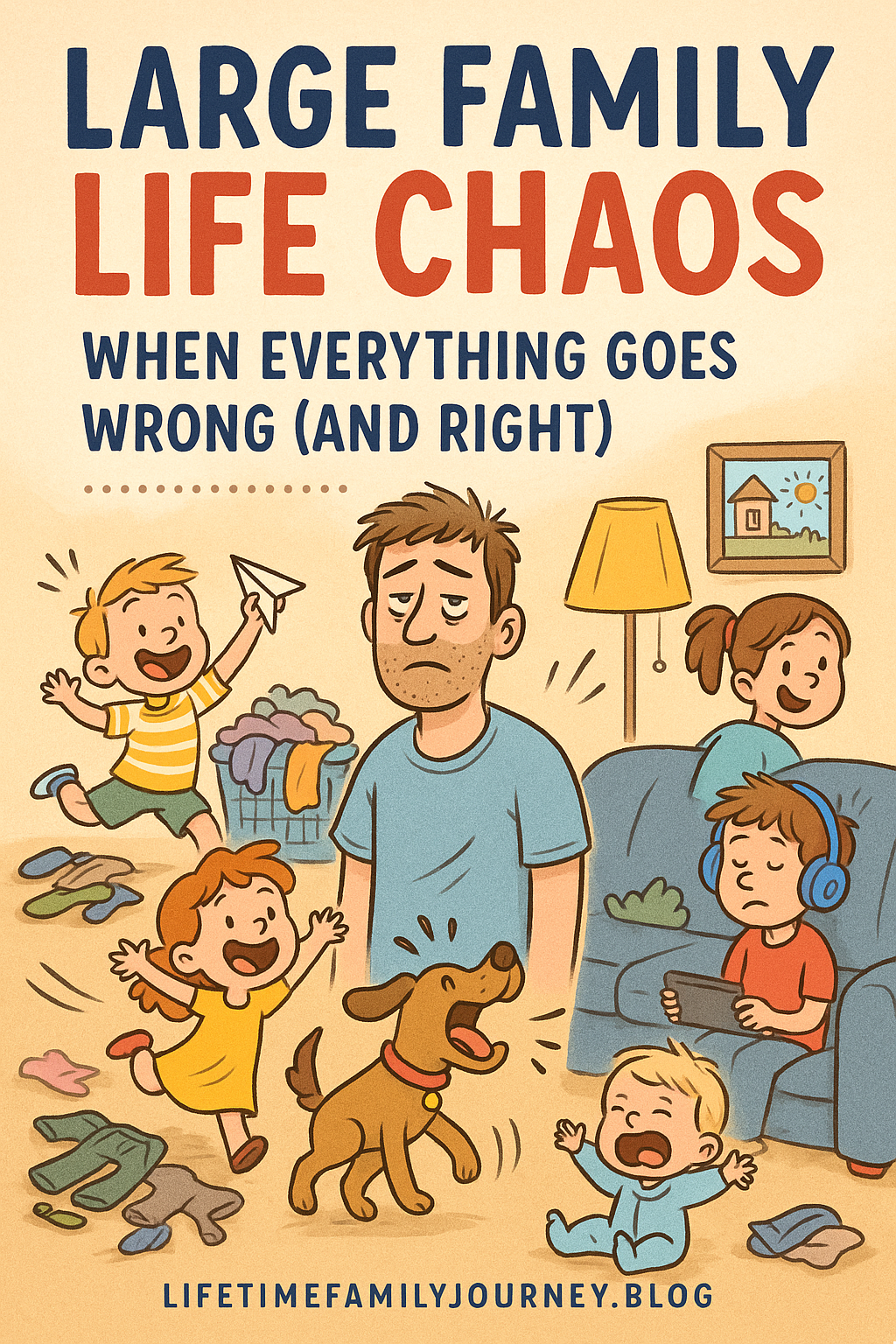 Colorful illustration of a large, chaotic family home with kids playing, a dog barking, dishes piling up, and a parent laughing through the mess—capturing the beauty in the chaos of big family life