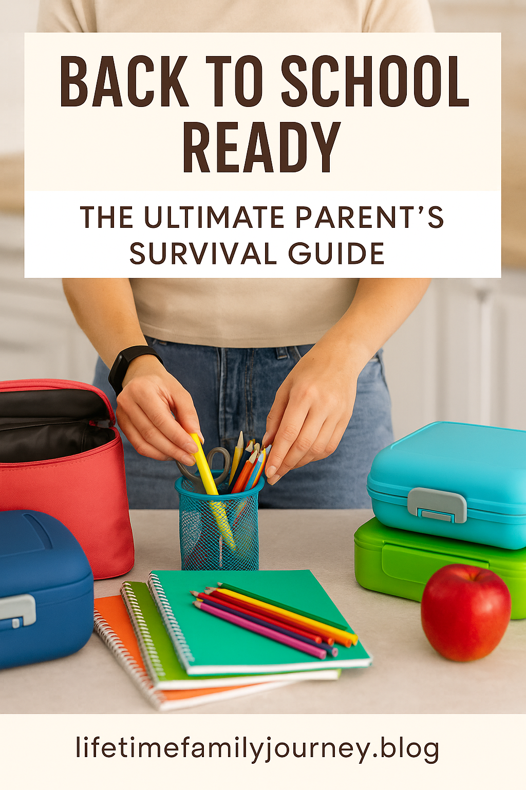 Parent organizing colorful school supplies and lunchboxes on a kitchen counter, symbolizing back-to-school preparation and family readiness