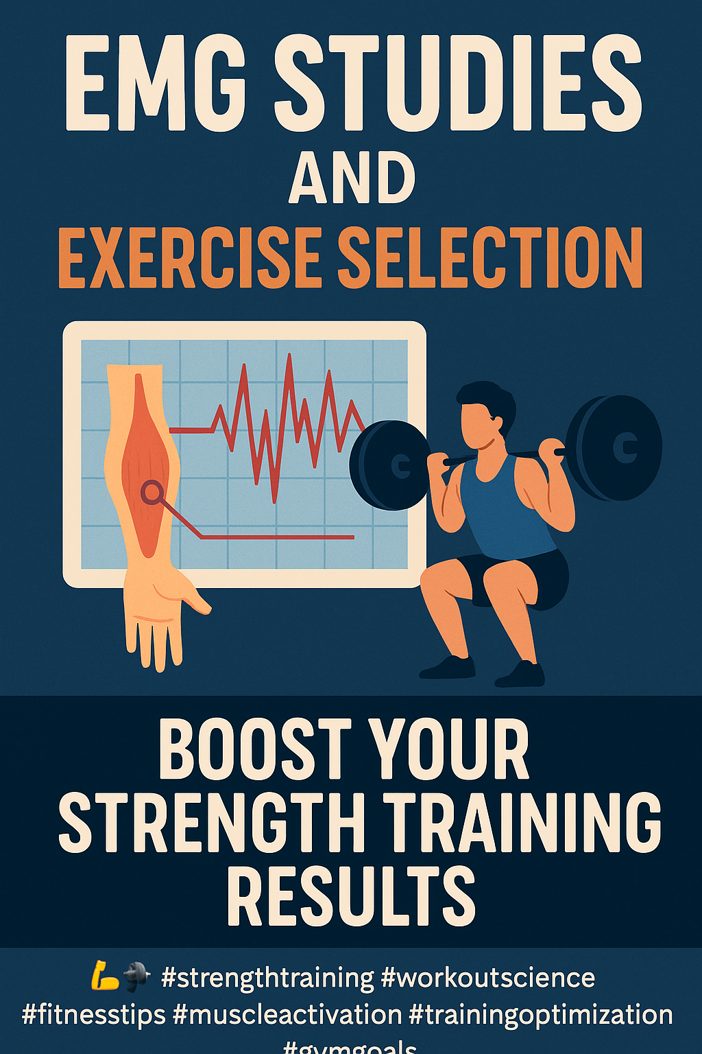 Pinterest image with bold text 'EMG Studies and Exercise Selection' featuring a stylized muscle activation chart and a person lifting weights